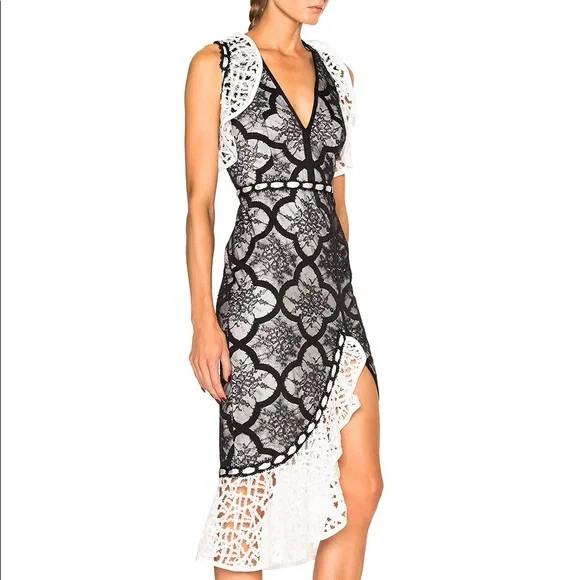 Alexis Emily Black and White Lace Ruffle Cap Sleeve Midi Dress with Side Slit XS - Picture 4 of 16